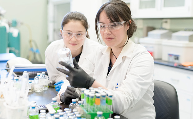 Two students work in a lab