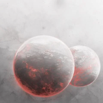 Two planets with a red glow on a cloudy, white, and gray background. 